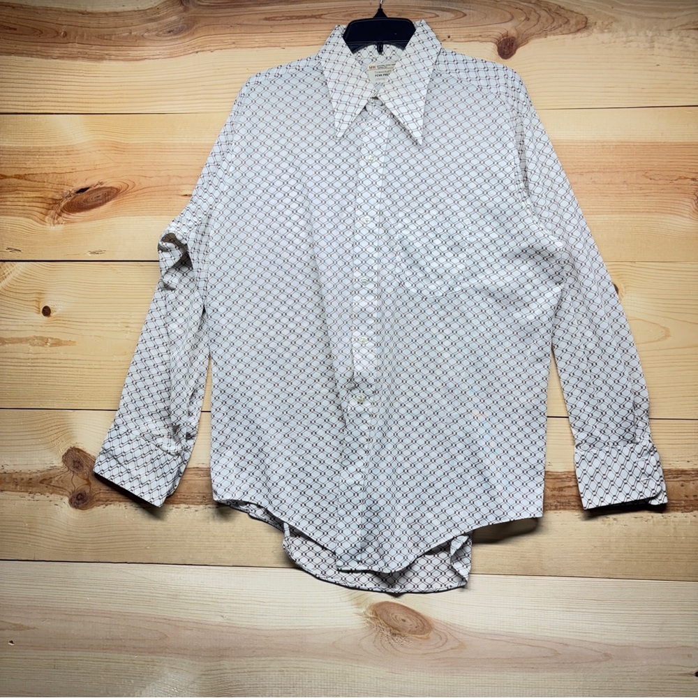 Vintage 70s Montgomery‎ Ward Shirt Size 17-34 Brown White Pattern Disco Gab
